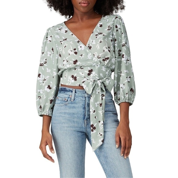 WILLOW 70s Sage Floral Print Wrap Tie Waist Puffed 3/4 Long Sleeve Crop Top XS - Picture 2 of 11